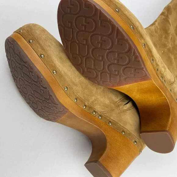 ~ UGG 10 Suede Clog Boots Tan Zip Camel Brown Women Tall Wood Heel Boho HTF Rare - Picture 11 of 14